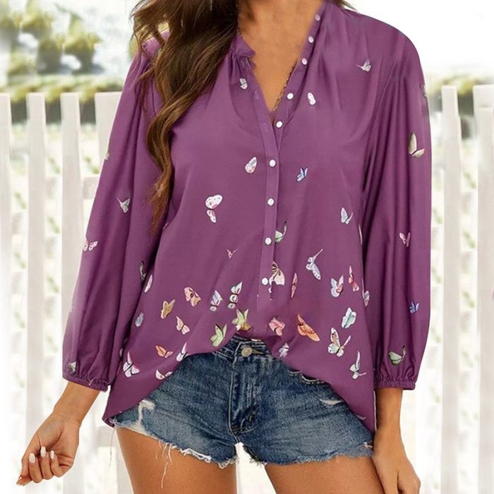 Elegant Butterfly Print V-neck Shirts Office Ladies Long Sleeve Button Blouses Vintage Women Spring Loose Tops Female Casual 3XL