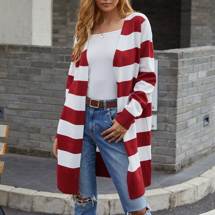 2021 autumn new product European and American knitted sweater long color contrast striped cardigan sweater women