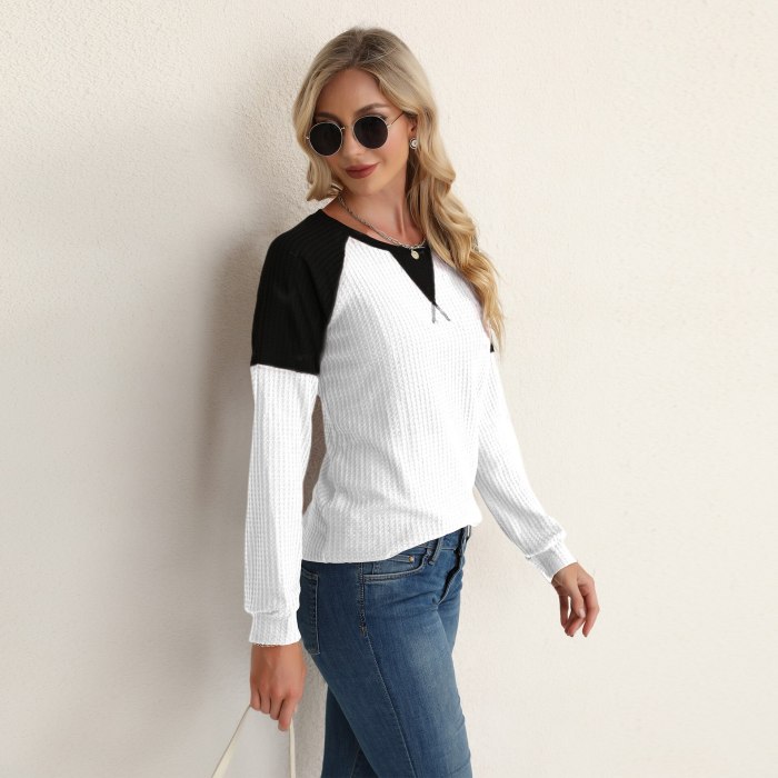 2021 Spring and Autumn Knitted Pullover Top Round Neck Stitching Long-sleeved Sweater England Style Women's Fashion Clothing