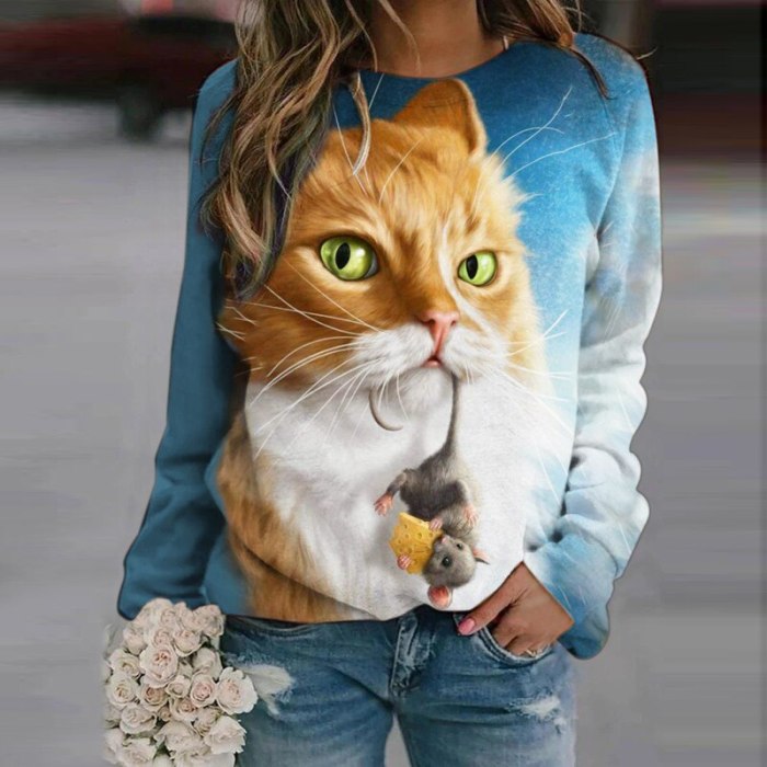 3D Cat Print Casual O-Neck Blouse Shirt