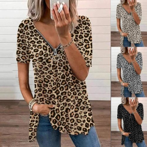 Leopard Tshirts Women Summer Fashion Short Sleeve Zipper V-neck Loose Large Size Casual Tees woman