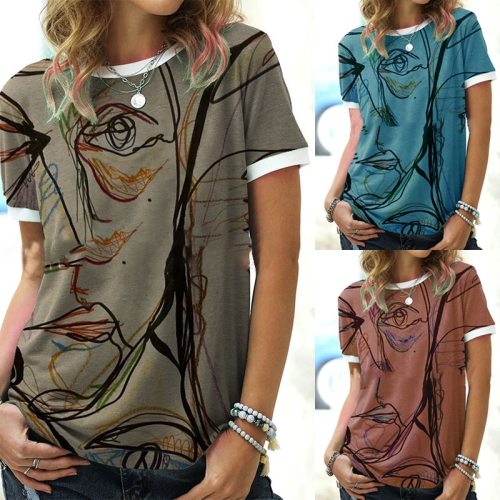 Summer Women's Line Printing Round Neck Short-sleeved T-shirt Personality Art Printing Tops Fashion Casual Women's Clothing