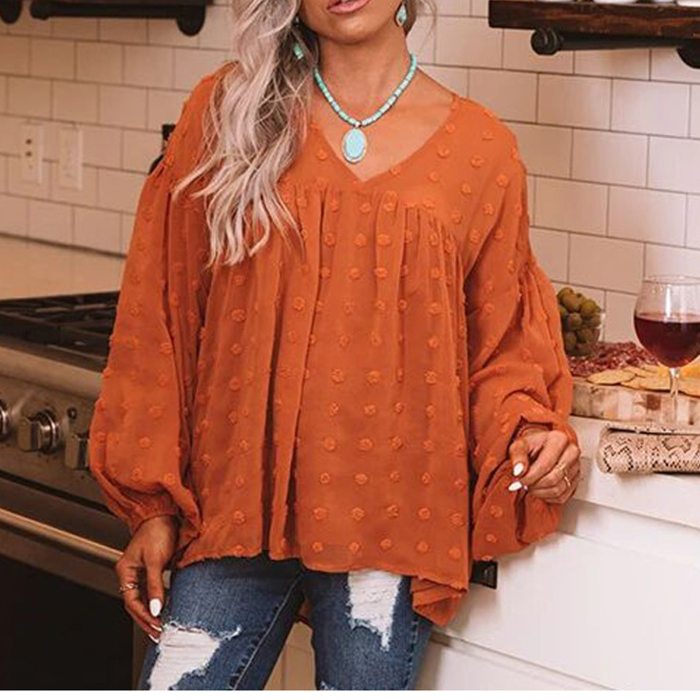 2021 Hot Sale New Women Shirts V-neck Lantern-sleeved Plus Size Lantern Sleeve Solid Blouse Ladies Tops Vintage Clothing Clothes