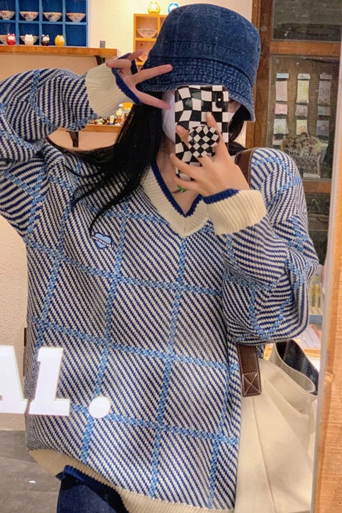 Fashion Chic Purple Striped Knitted Pullovers Women's Autumn 2021 New V-neck Loose Long Sleeve Sweater Female Tide 16E2834