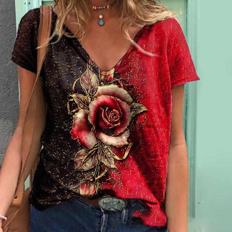 Summer Casual V-neck Multicolor Rose Print Short-sleeved Loose T-shirt 2021 Fashion Street Hipster Pullover T-shirt Female S-5XL