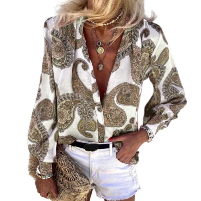 Women Long Sleeves Buttons Down Blouses Elegant Printing V Neck Tops Shirt Spring Summer Casual Loose Tunic