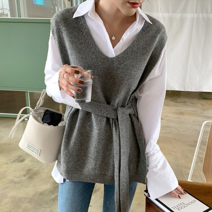 Kintting Sleeveless Vest Sweater with Belt Loose Pullover