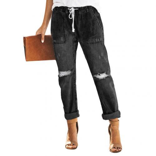 Fashion Distressed Knee Ripped Women Summer Holes Loose Trouser Drawstring Elastic Waist Pockets Long Pencil Denim Jeans Pants
