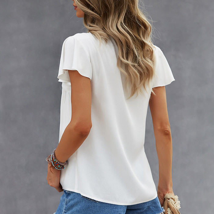 White Embroidered Ruffle T-shirt Summer Women Flower Embroidery V Neck Short Sleeve Ladies Casual Tassel Tops Tees
