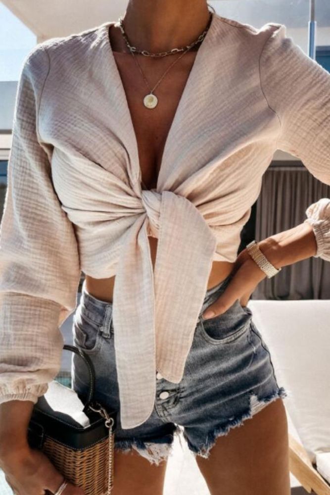 Fashion Women Tie-Up Bow Draped Blouses Shirts Summer Sexy Hollow Out V Neck Solid Tops 2021 Elegant Long Sleeve Shirt
