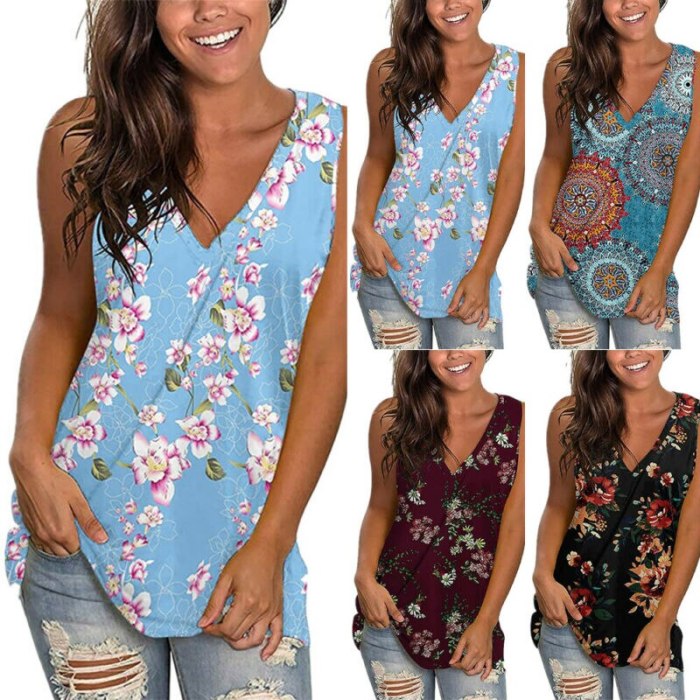 2021 Floral V-Neck Sleeveless Tank Tops Summer Casual Loose Vest Womens Tank Top