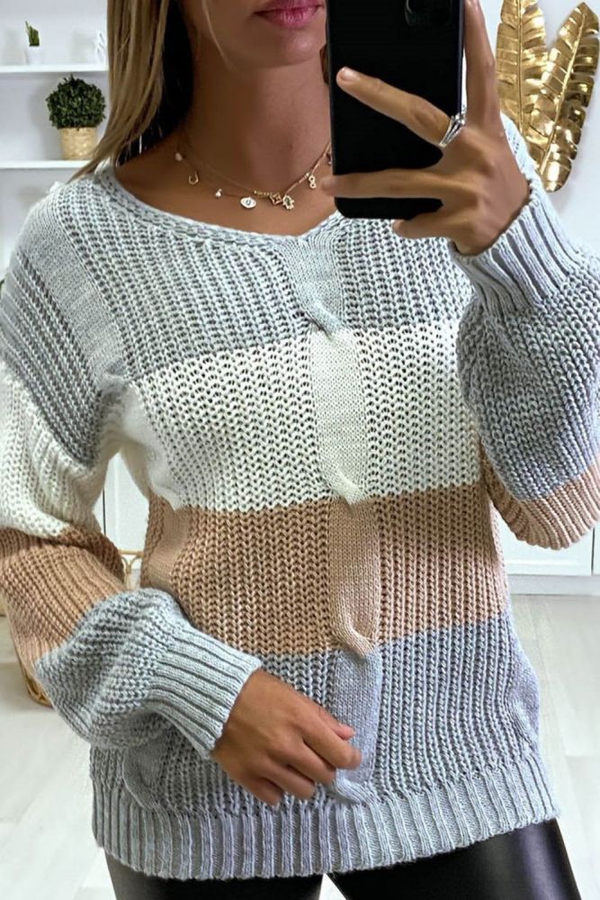 V-Neck Color Block Knitted Pullover Women Loose Plus Size Casual Sweater Acrylic Fashion Long-Sleeved Sweater Autumn and Winter