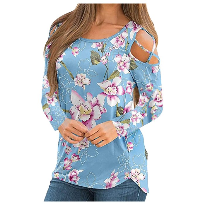 Strappy Cold Shoulder T Shirt Women Summer Boho Floral Printed Long Sleeve T-Shirt Harajuku Plus Size Casual Pullover Tops