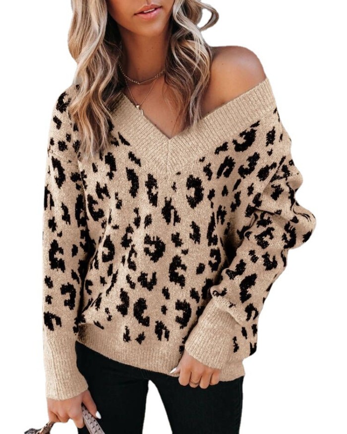 Women's V-neck Strapless Leopard Pullover Loose Sweater Pullover Knitted Sweater Streetwear Vintage Aesthetic Clothes