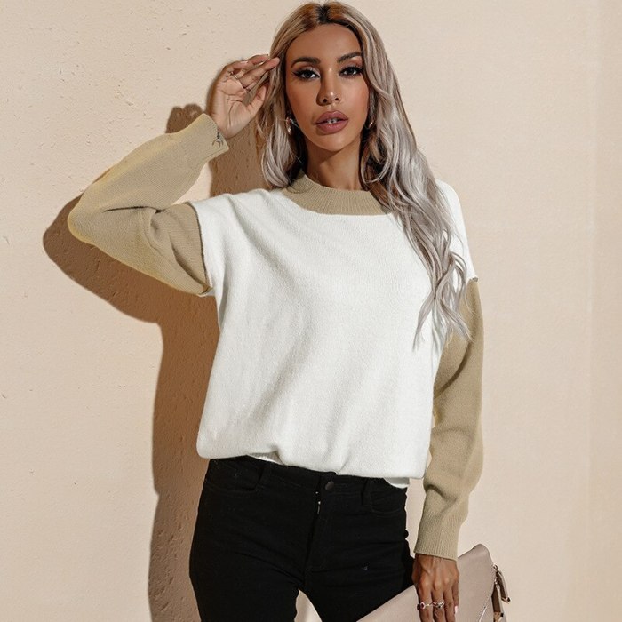 Women Sweater Autumn 2021 Long Sleeve Pullovers Loose Style Contrast Patchwork Color Winter Fashion Casual Knitted Outwear