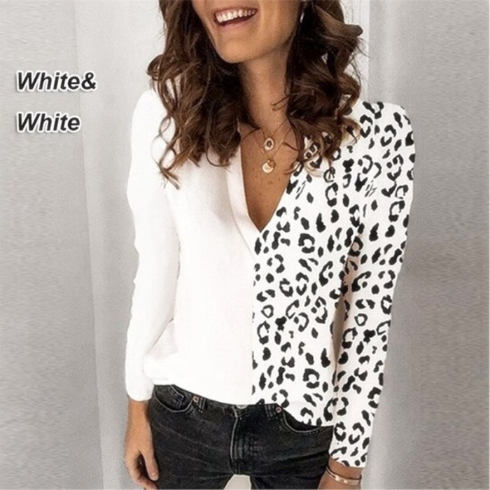 Women White V-neck Leopard Printed Splicing Shirt Loose Tops Casual Chiffon Woman Blouse Women's Plus Size Street Clothes S-5XL