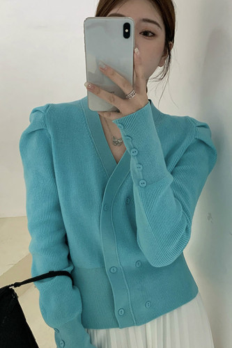 Women Puff Long Sleeve Sweater V-neck Knitted Cardigan