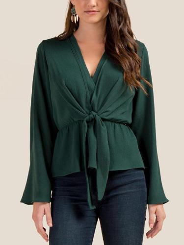 V-neck Bandage Solid Ruffled Shirt Top