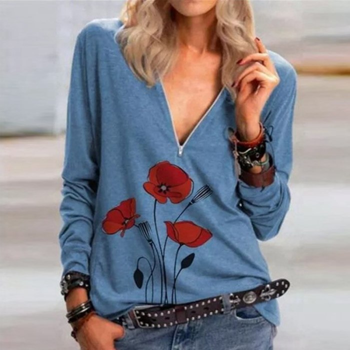 Casual Women Blouse Shirts V Neck Button Long Sleeve Tops