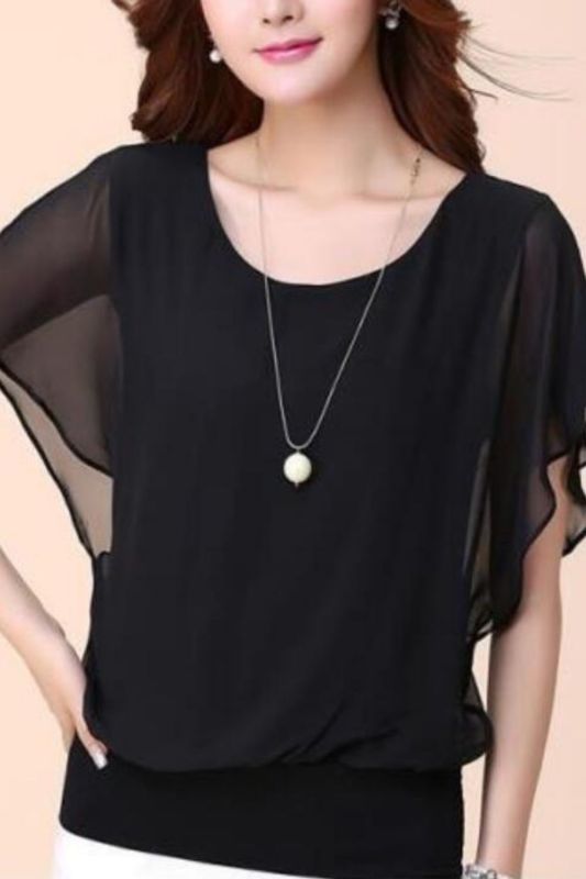 Casual Women Chiffon Blouse Female Solid Short Sleeve Ruffle Batwing Short Shirt Summer Beach Plus Size