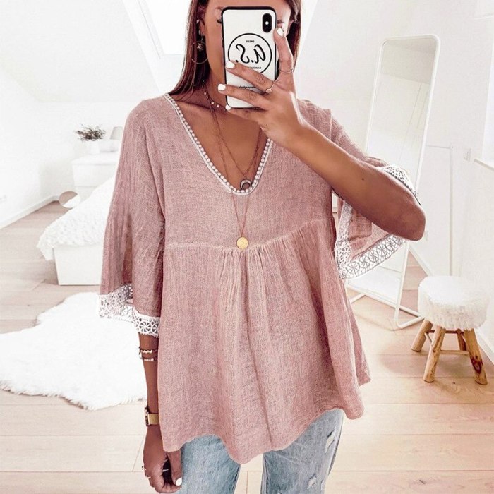 Casual Loose Pure Color Pullover Blouse Women 2021 Summer New Lace Stitching Five-Point Sleeve Shirt Blouses Femme Blusas Mujer
