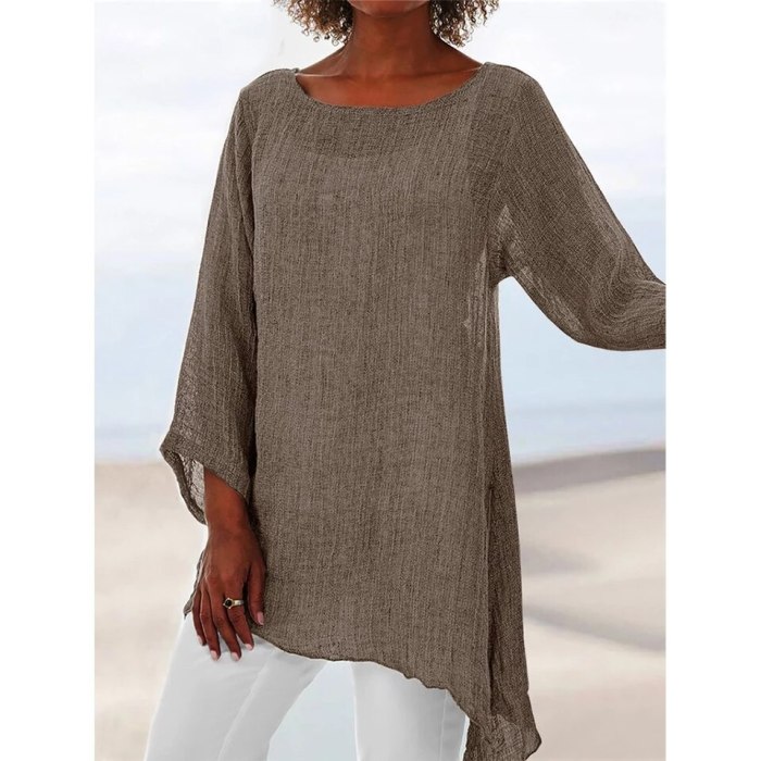 Women Tunic Cotton Linen Tops And Blouses Casual Solid Shirt