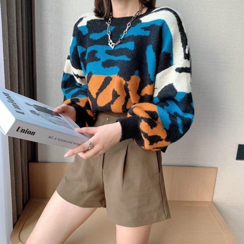 Women Pullovers Sweater Leopard Patchwork Crop Top