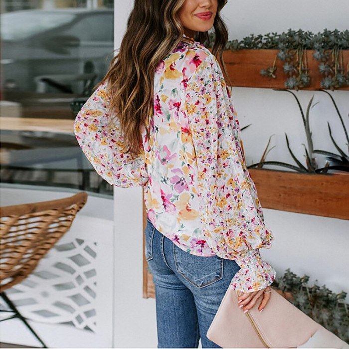 Fashion Women's Blouse New Spring Hot Sale Casual V-neck Single-breasted Printing Loose Plus Size Long-sleeved Blouse