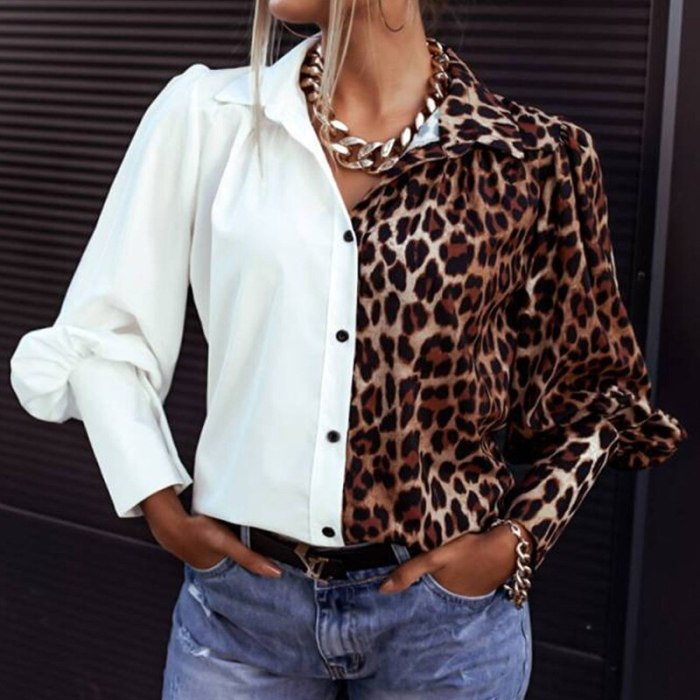 Elegant Turn-Down Collar Office Lady Shirt New Spring Autumn Patchwork Leopard Blouse Casual Button Long Sleeve Women Tops Blusa