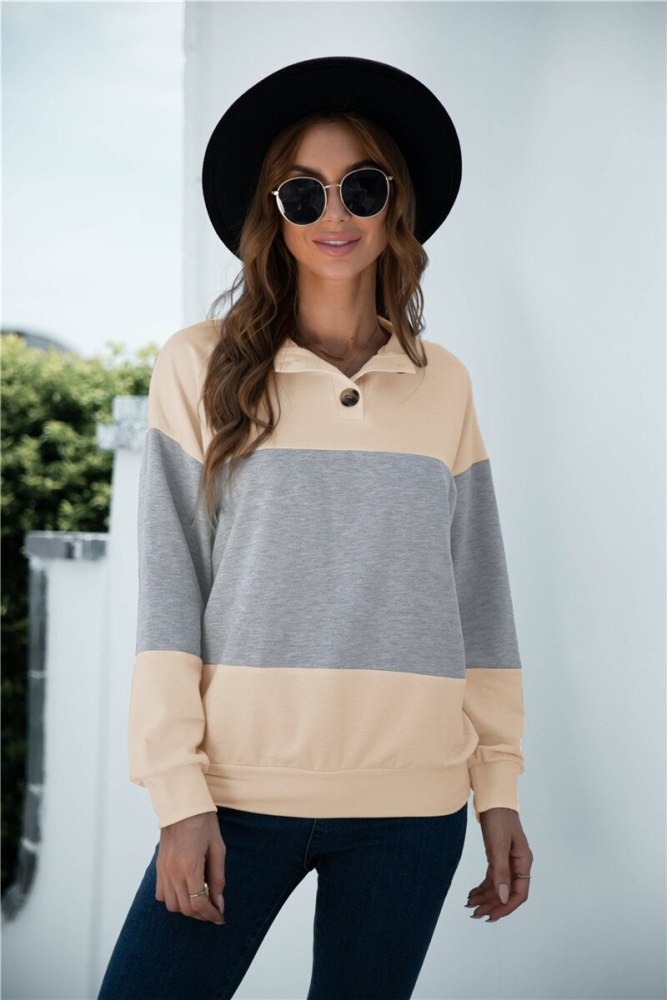 Fashion Women Spring Autumn T-Shirts Color Matching Design Button Decor O-Neck Long Sleeve Casual Loose Pullovers Top