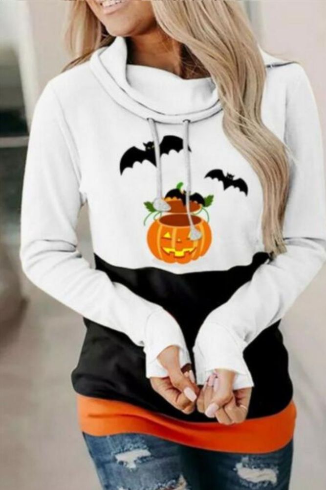 Halloween Christmas Party Bat Print Loose Sweatershirts Women Autumn Casual Patchwork High Collar Pullovers Tops Coats