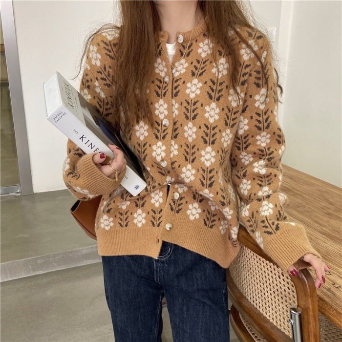 Cardigan Women Print Female Spring Korean Style Round Neck Long Sleeve Sweet Leisure Cozy All Match Knitted Vintage Outerwear