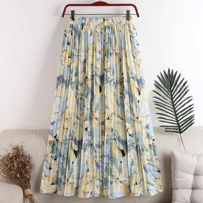 Boho Summer Skirt 2021 Floral Print Long Chiffon Skirts Womens Elastic High Waist Casual Pleated Skirt Clothing Jupes Jurken