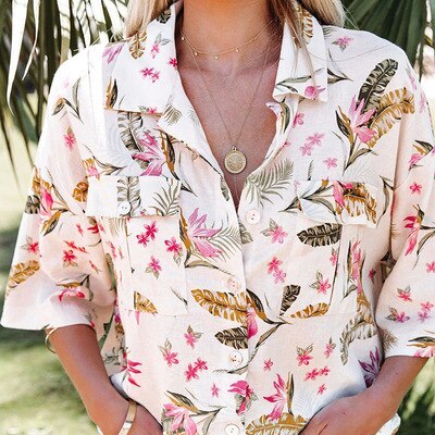Summer New Women's Printed Lapel Middle Sleeve Pocket Single Breasted Fashion Casual Loose Blouse Lady Shirt