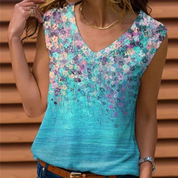 Fashion Flower Print Shirt Casual Spring Summer Sleeveless Pullover Tops Elegant Women V-Neck Blouse Streetwear Plus Size