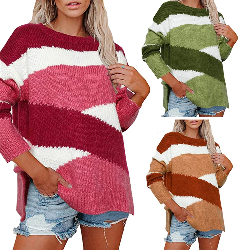 5 colors Fashion Women’s Korean Loose Sweater Fashion Color Geometric Loose O Neck Knitted Sweater 2020