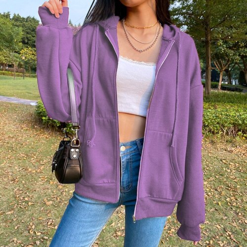 Women Top Pulovers Vintage Loose Purple Hooded Sweatshirt Zip Up Jackets Clothes Spring Autumn Korean Style Casual Solid Hoodies