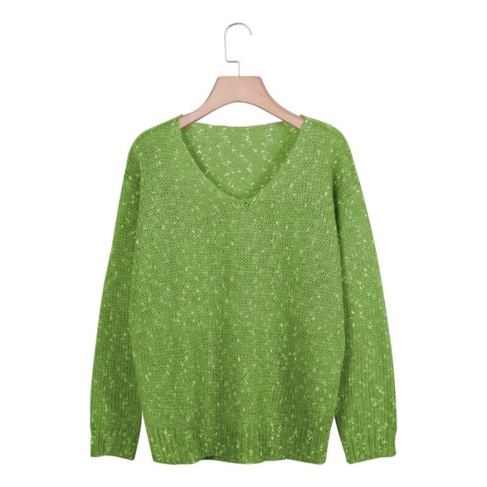 Autumn New Women's Solid Color Printing Sweater Casual V-neck Sweater Long-sleeved Loose Women