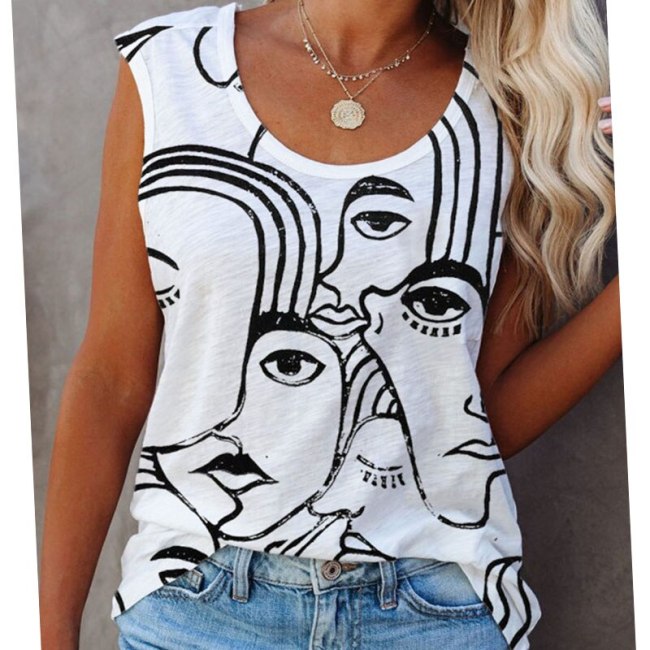 Vintage Graffiti Abstract Face Fun Tanks Camis Women Sleeveless Shirts Summer Tops 2021 New Streetwear Fashion Ladies Loose Tees