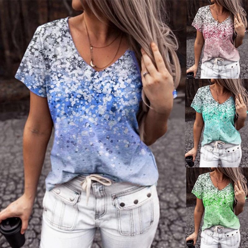 Women's Short Sleeved Top Summer Gradient Digital Printing V Neck T Shirt Casual Loose Plus Size Women's Clothing