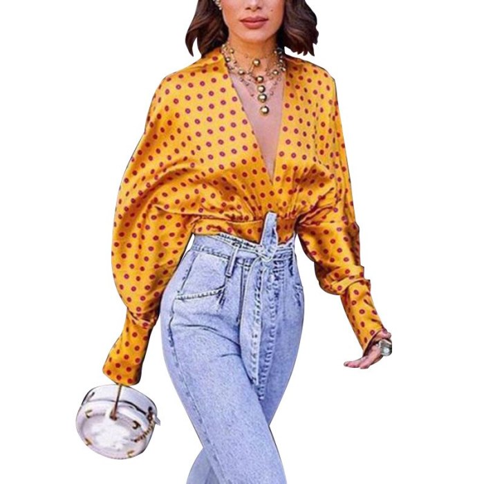 Ladies' Shirts 2021 New Splicing Printed Casual Cardigan V-neck Blouse Spring Summer Vintage Long-sleeved Female Shirts