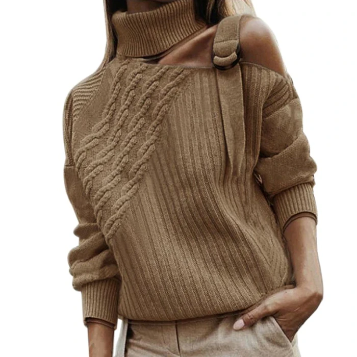 Autumn Winter Solid black sweater women turtleneck off shoulder cut out Pullover Plus Size warm long sleeve Knitted Sweater