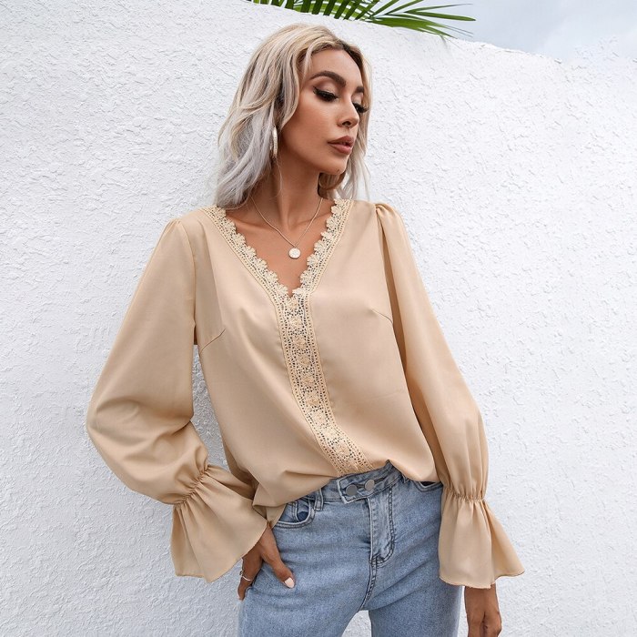 2021 Autumn Elegant Flare Sleeve Women Blouses Solid V-neck Hollow Out Office Lady White Shirt Fashion Casual Long Sleeve Tops