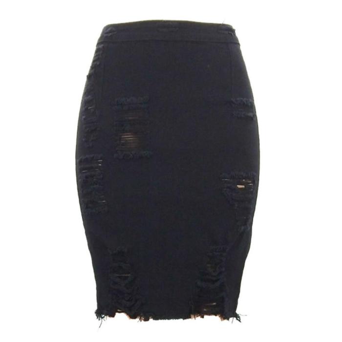 Hole Tassel Denim Skirt Women Summer 2019 High Waist Sexy Fashion Bodycon Pencil Vintage Destroyed Solid Blue Ladies Short Skirt