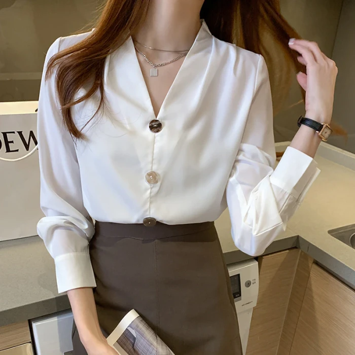 Korean Style Shirt Top V-neck Long-sleeved Casual 2021 Spring And Autumn New Wild Fashion Simple Temperament