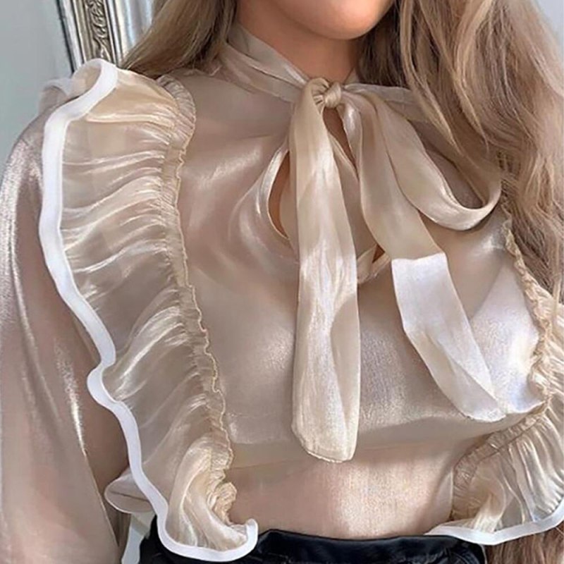 Flare Long Sleeve Women Sheer Blouse 2021 Summer Sexy Office Ladies Streetwear Ruffles Shirts Tops Transparent Blouse Female