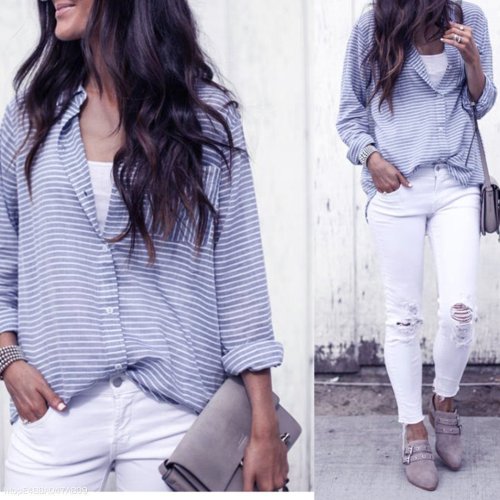 Fashion Long Sleeve Striped Long Blouses