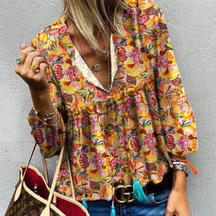 Casual V Neck Printed Colour Blouse