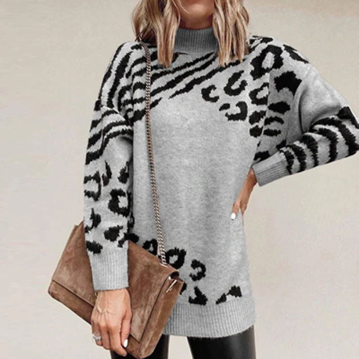 2021 Autumn Turtleneck Leopard Print Knitted Sweater Women Long Sleeve Patchwork Top Pullover Winter Casual Loose Sweater Jumper