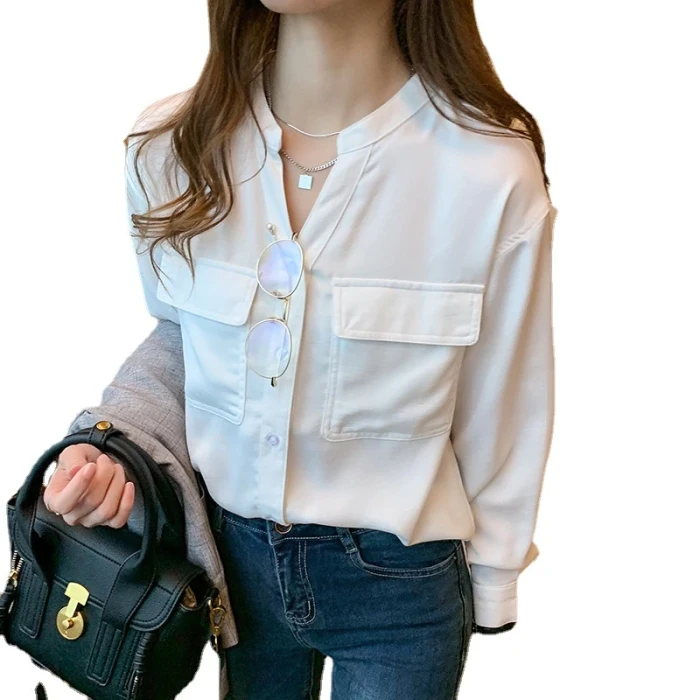 Shirt Women's 2021 Autumn New Style Loose Design Niche V-neck Chiffon Shirt White Shirt Simple Temperament